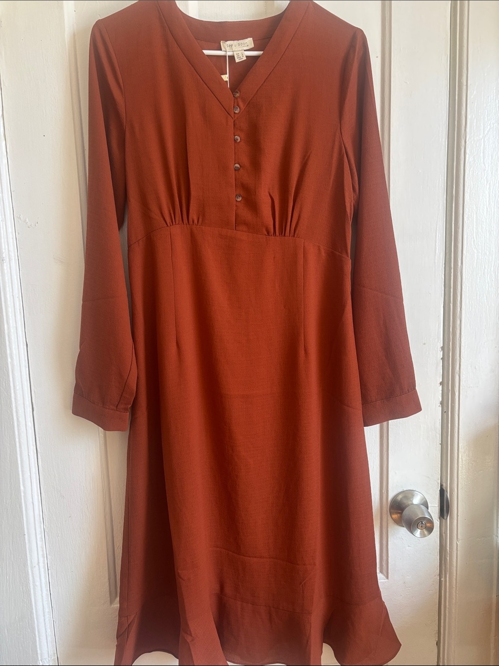 Long-Sleeve Button V-Neck Dress in Rust
